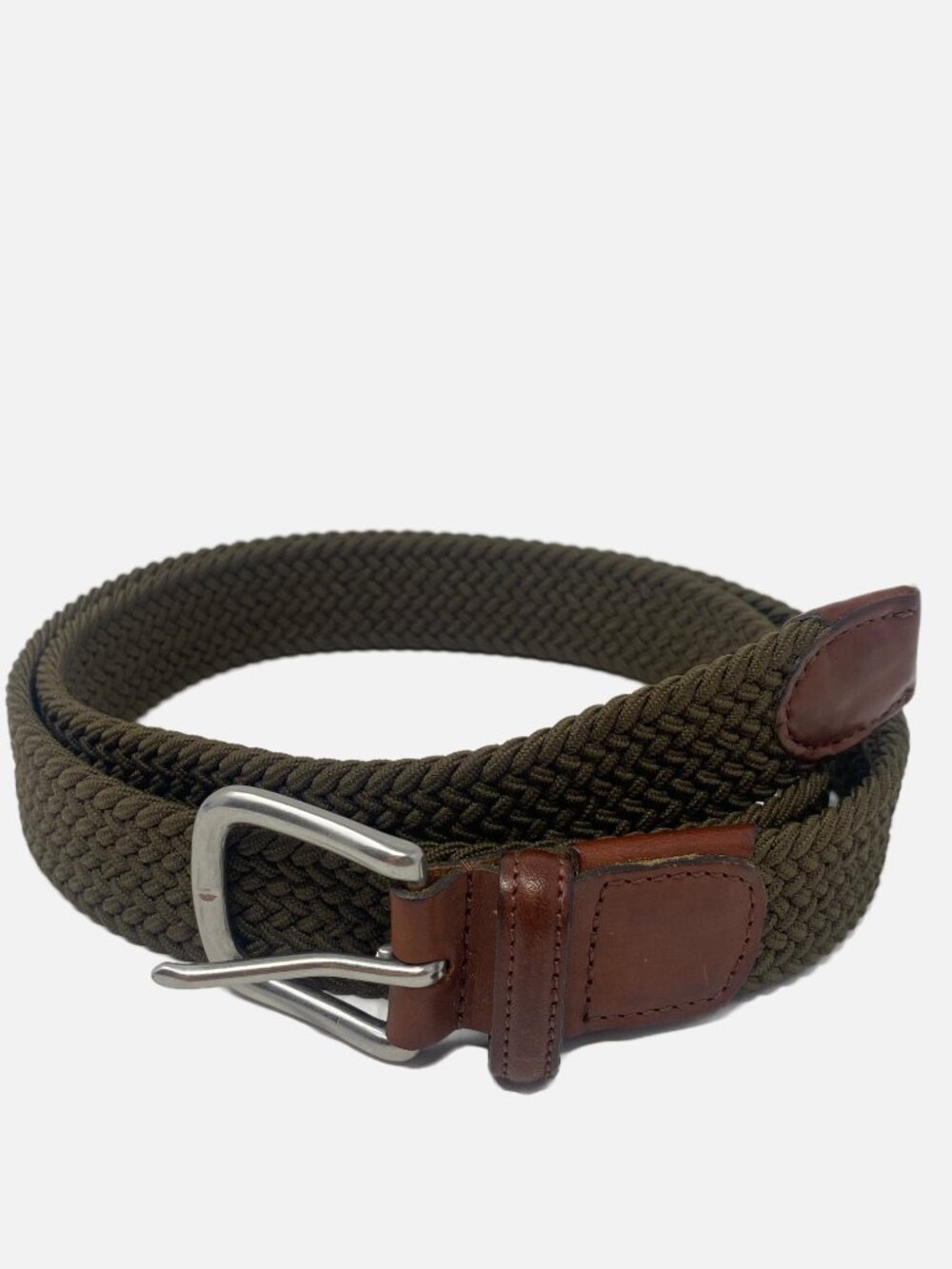 Vintage Eddie Bauer Woven Belt Mens 38 Green Canvas Leather Made in England Y2K